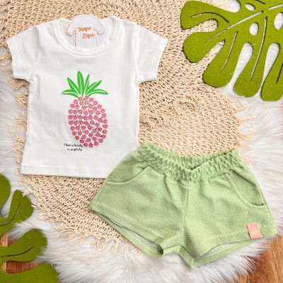 Conj. Blusa Abacaxi Floral e Short em Linho - Off White e Verde